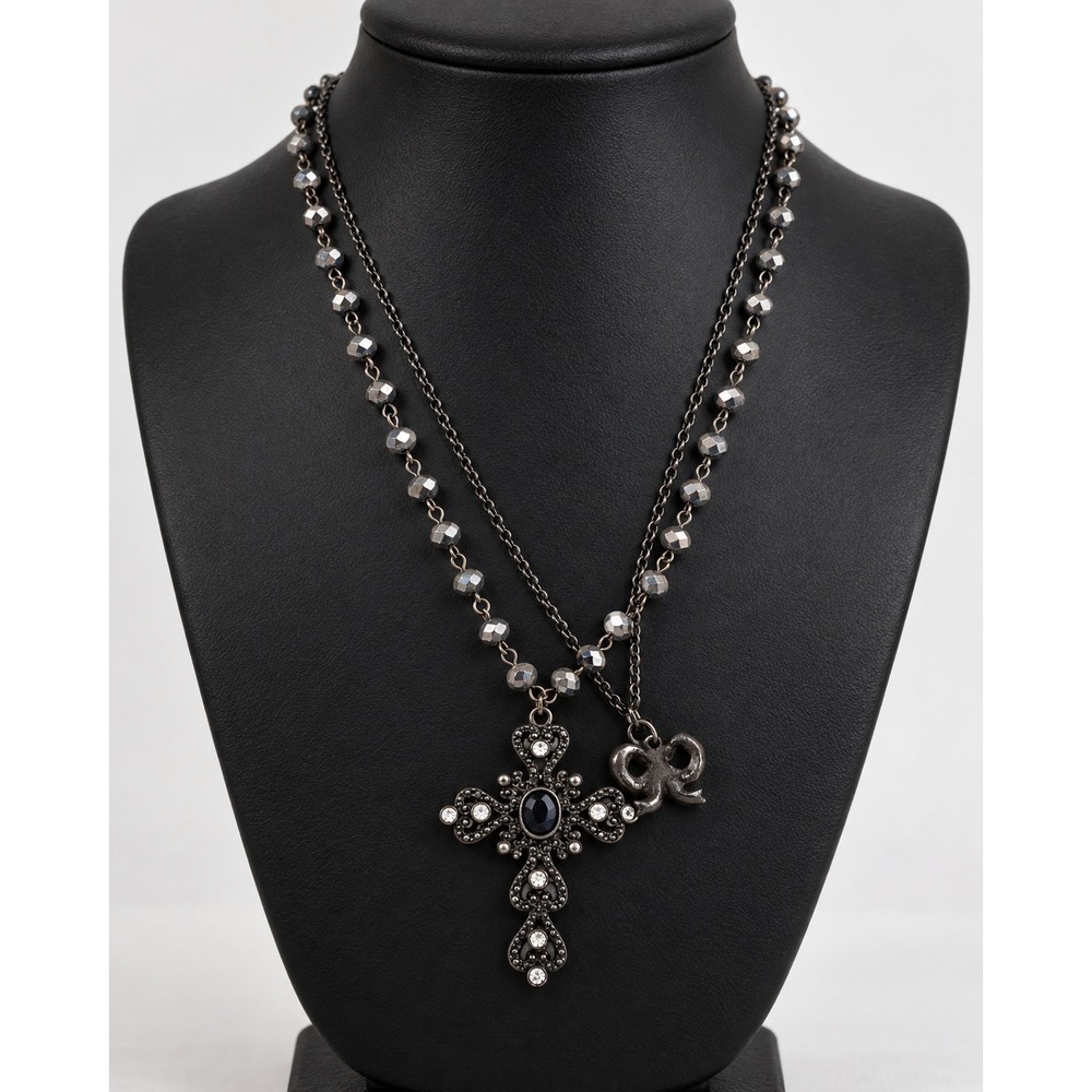 Gunmetal Layered Cross Bow Necklace Beaded Rosary Rhinestone Gothic Goth Jewelry
